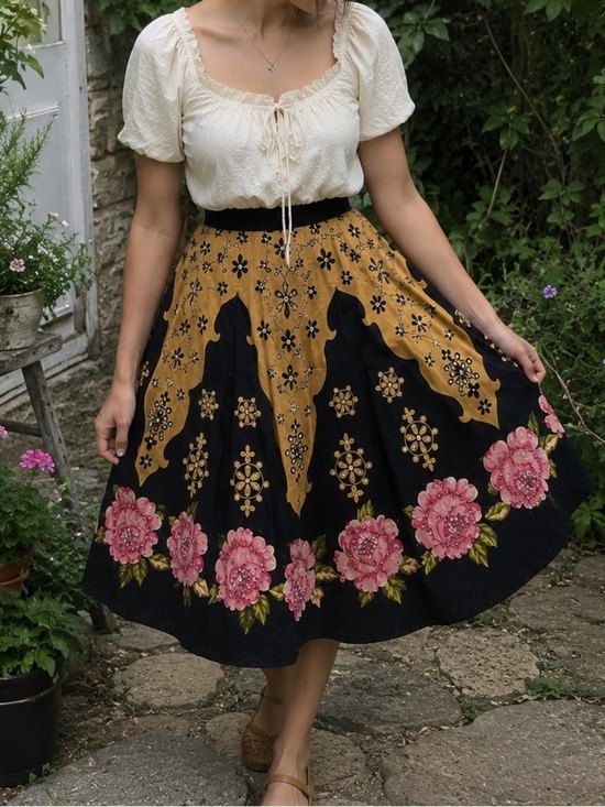 Temptations Dresses & Skirts - Vintage Temptation Floral Midi Skirt Black Pink Roses Sequin Detail Boho Small